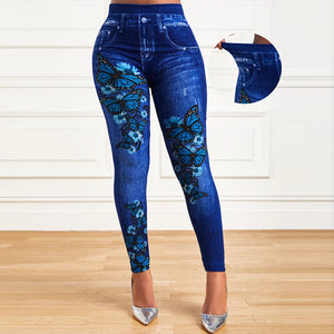 Plus Size Oversized Women High Waist Stretchy Legging Denim Look Skinny Jeggings Ladies Fashion Print Pencil Pants Clothing 2023