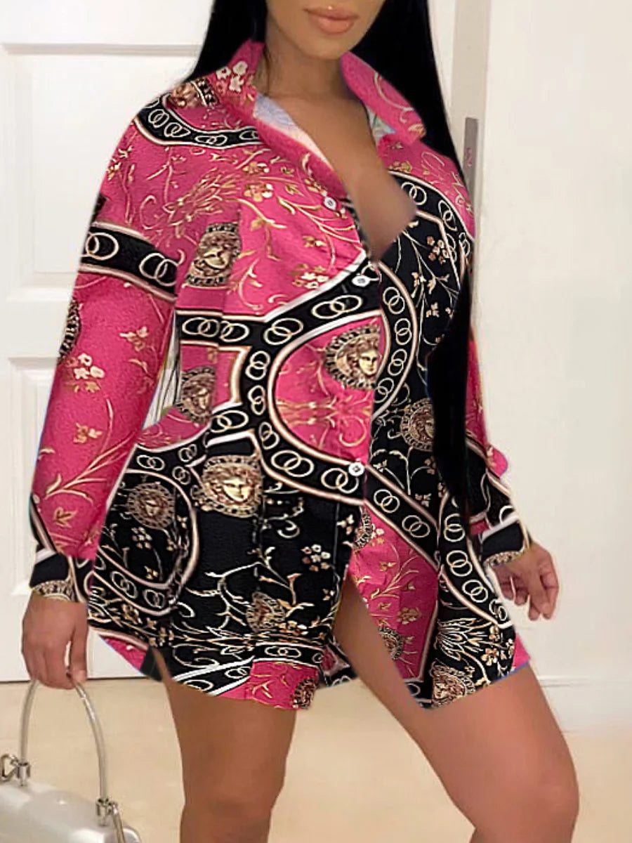 LW Plus Size mini dress Tribal Mixed Print Shirt Dress long sleeve turndown neck button design casual women's dresses