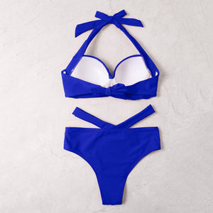 Sexy Yellow Ruched Women's Swimsuit Summer Elegant Push Up Bra High Waist Swiming Suits Ladies Hollow Out Bandage Swimwear