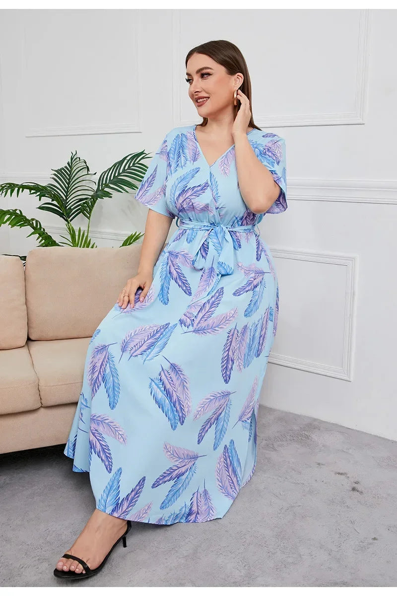 plus size New best-selling oversized loose V-neck dress for women with elastic waist  short sleeved printed long skirt