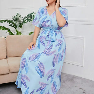 plus size New best-selling oversized loose V-neck dress for women with elastic waist  short sleeved printed long skirt