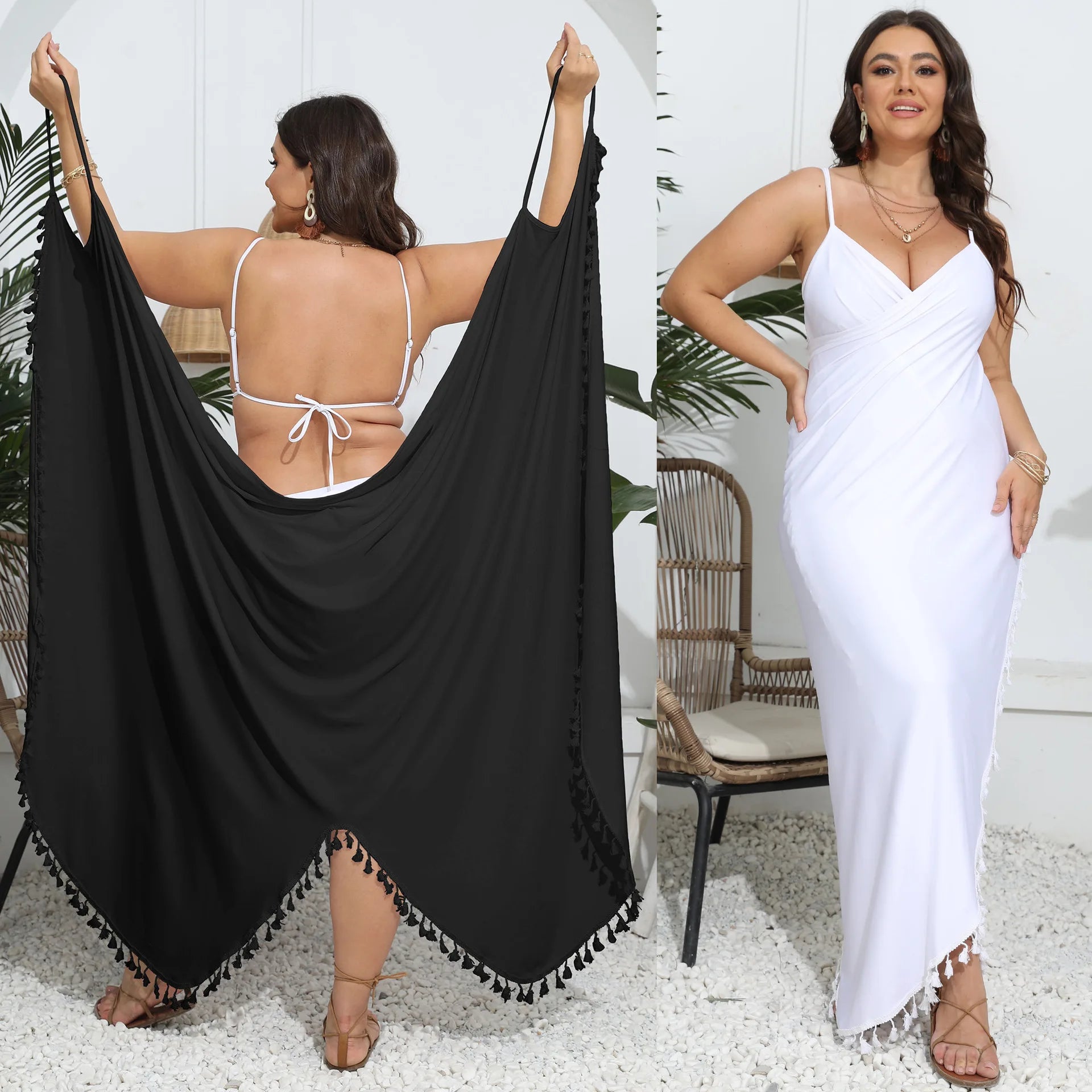 Tassels Irregular Plus Size Cover Ups Women Sexy V-Neck Slip Dress Lady  Loose Solid Beach Outfit Vacation Party Spring Summer