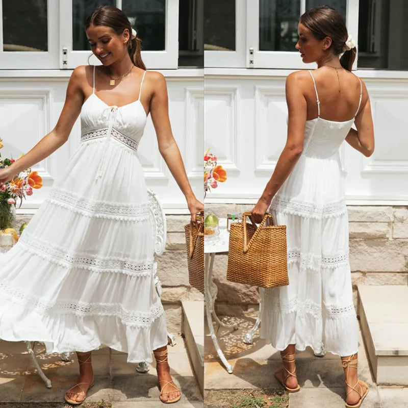 white beach party dress White Spaghetti Straps Dress Elegant Summer Holiday Hollow Out Long Beach Sundress Soft Smock Split Dress White / S