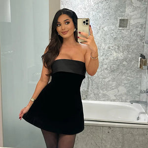 MSCSZ Black Velvet Strapless Mini Dress Elegant A-Line Short Christmas Party Dress For Women Sexy Backless Dress 2024 Gown