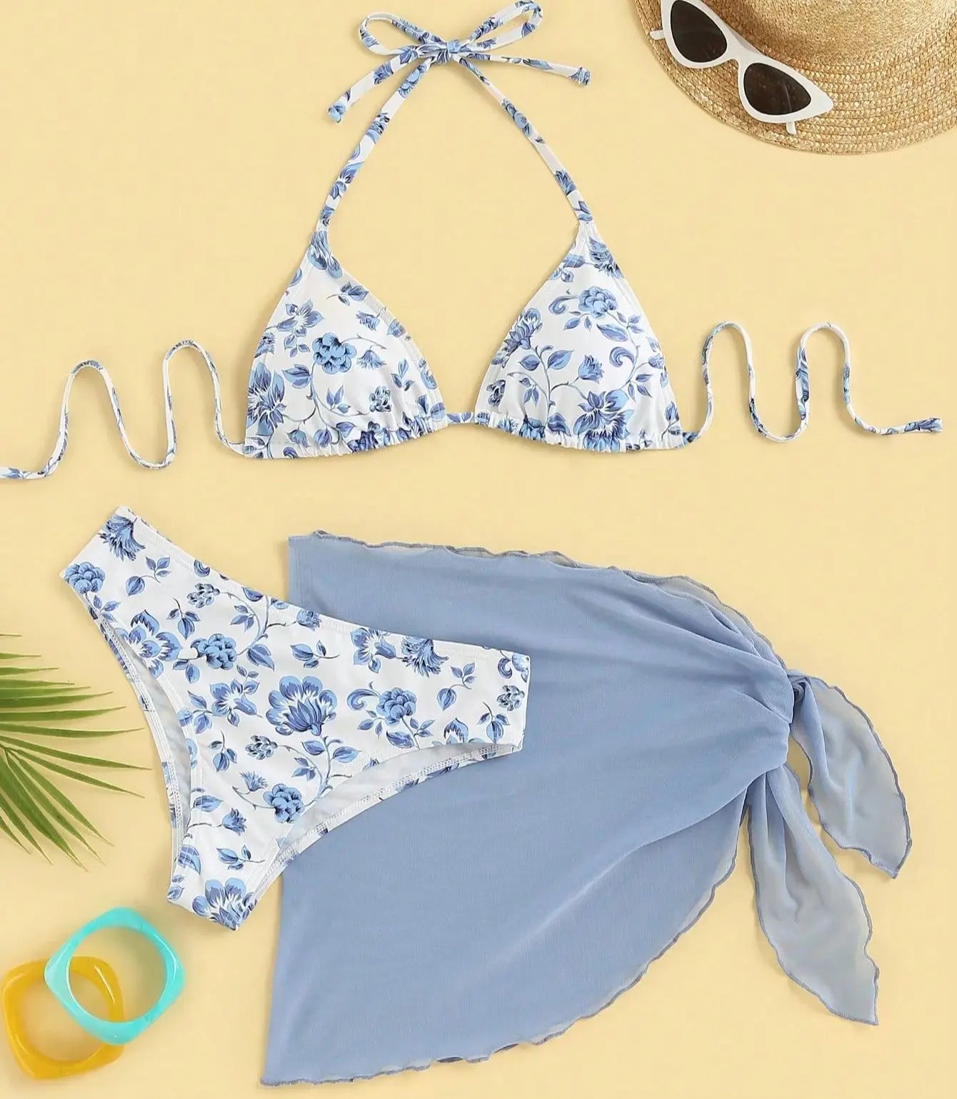 3 Piece Bikini Suit Print Flower Sexy Triangle Cup Hang Neck Swimwear Blue Female High Slit Skirt  Women Beach Suit