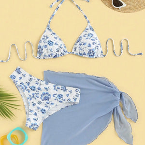 3 Piece Bikini Suit Print Flower Sexy Triangle Cup Hang Neck Swimwear Blue Female High Slit Skirt  Women Beach Suit