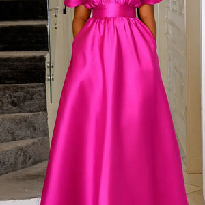 Plus Size Women’s Long Dress Pink Satin Short Sleeve Lapel Maxi Dress With Pocket Cocktail Wedding Guest Evening Party Dresses