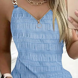 Elegant Dresses for Women Sexy V-Neck Zipper Design Textured Suspender Mini Dress New Fashion 2023 Summer Casual Female Clothing