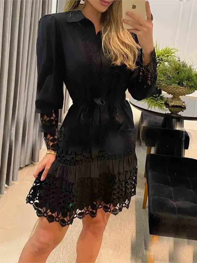 Spring Autumn Hollow Out Floral Solid Color Fashion Casual Sexy Lace Patch Shirt Dress Mini Dress Y2k Party Holiday Vestido