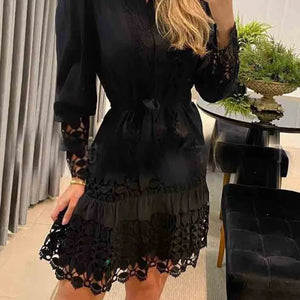 Spring Autumn Hollow Out Floral Solid Color Fashion Casual Sexy Lace Patch Shirt Dress Mini Dress Y2k Party Holiday Vestido