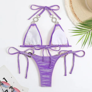 Purple Velvet Swimsuit Sexy String Halter Triangle Bikinis Set Mujer Micro Thong Swimwear Women Biquini Bikinis Set Bathing Suit