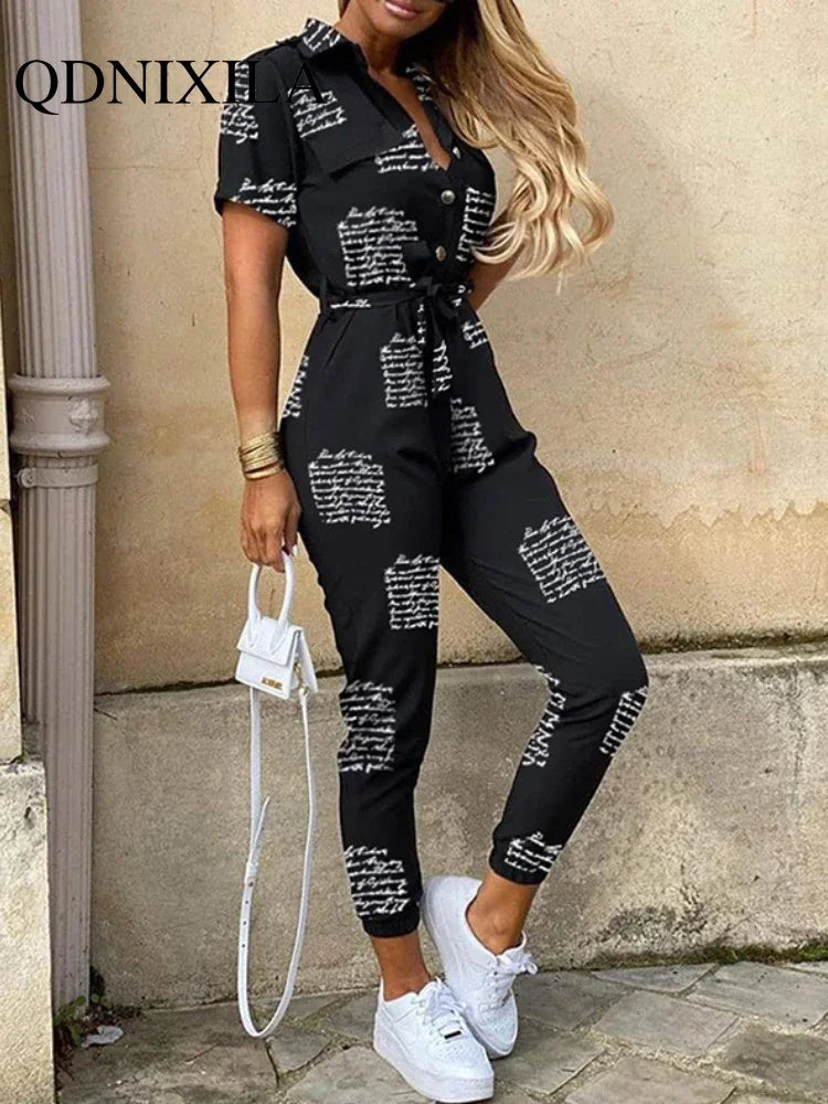 New Summer Jumpsuit Women Elegant Casual Lapel Buckle Printed Female Jumpsuit Woman Trousers Playsuit Overalls Bodysuit Romper