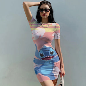 Elegant Dresses for Women 2024 Top Sexy Slim Fit Tight Women's Dress Casual Disney Stitch  Cartoon Fashion Print Mickey S-5XL