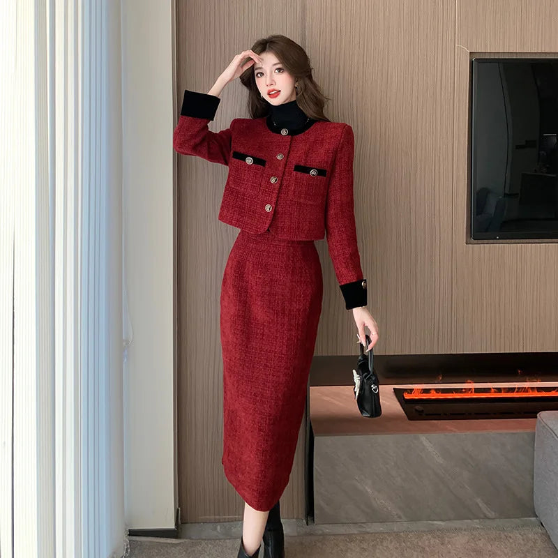 Women’s Trendy Tweed Two-Piece Set Vintage Chic Single Breasted Cropped Blazer Jacket+Long Skirt Suit Small Fragrant Outfits