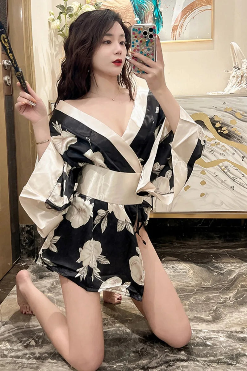 Japanese Kimono Sexy Cosplay Outfit for Women Traditional Style Robe Yukata Sakura Costume Pajamas Soft Silk Belt Lingerie Porno