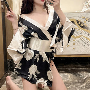 Japanese Kimono Sexy Cosplay Outfit for Women Traditional Style Robe Yukata Sakura Costume Pajamas Soft Silk Belt Lingerie Porno