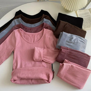 Fleece Long Johns Solid Thermal Underwear Sets Winter Women Clothes Warm Lingerie Long Sleeve Trousers 2 Pieces Thermal Pants