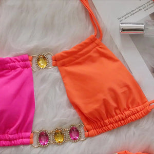 Pink Sexy Bikinis Swimsuit With Rhinestones Women Swimwear Female Push Up Bikini Beach Swim Wear Bathing Suits Pool Bather 2024