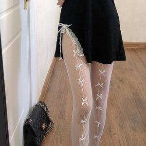 Women Sexy Mesh Fishnet Tights Stockings Pantyhose Bows Transparent Gothic Party Club White Black Women Netting Socks Lingeries