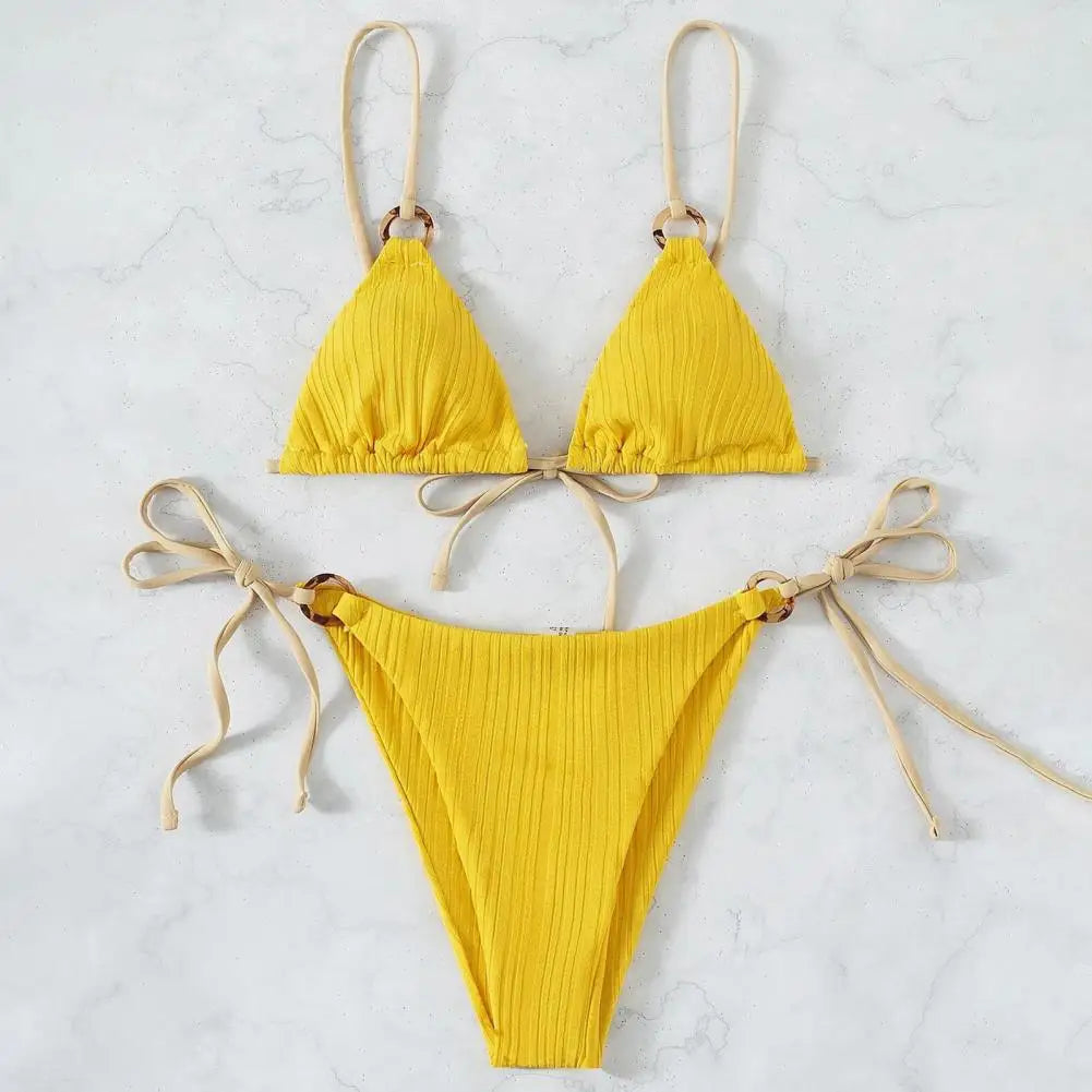 Beachwear 2 Pcs/Set Trendy Wireless Bathing Suit Two-piece Summer Bikini Set Solid Color   for Vacation