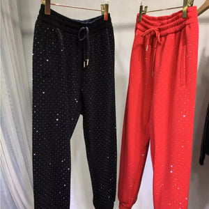 Plus Size L-4XL 150KG Women's Fleece Sweatpants 2024 New Red Diamond Stamping Harem Pants Autumn/winter Casual Female Trousers