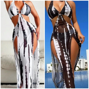 3 Pieces Halter Ring Link Bikini 2024 Women Cut Out Side Cover Up Dress Hollow Out Swimsuit Bathing Suit Female Sexy Swimwear