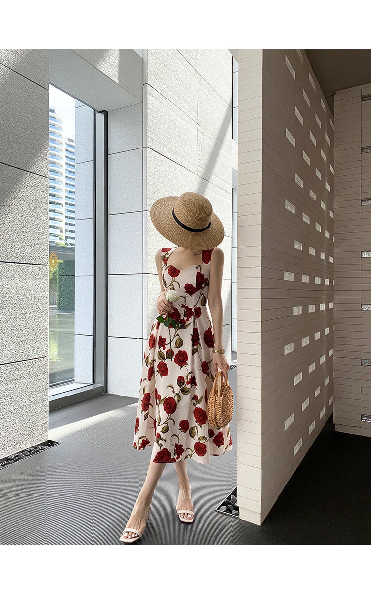 Women's Summer Elegant Floral Print Rose Strap Midi Dress Sleeveless Casual Beach Party Sundress Female Fashion A-Line Vestidos