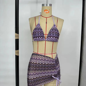 Women Swimsuit Color Wave Knitted Bikini Skirt Three-Piece Set Split Swimsuit Bikini