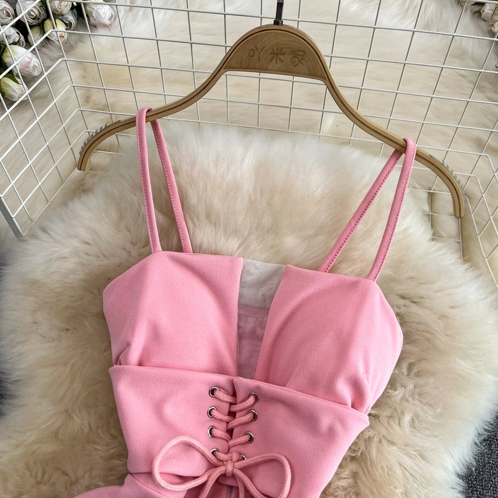 Summer Korean Style Spaghetti Strap Dress Pink Tulle Splice Hollow Out Bandage Dress Sexy A-line Mini Women Club Clothes