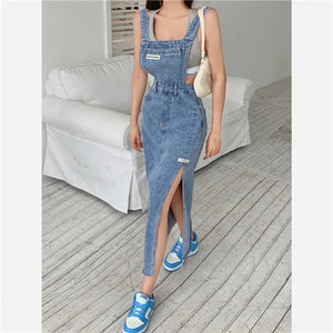 Sleeveless Women Denim Suspender Dress Spring New Midi Skirt Blue Korean Fashion Polo Collar Streetwear Female Braces Slit Dress