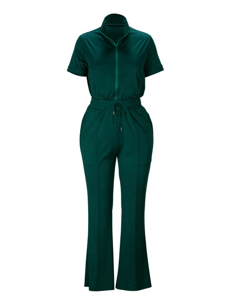 LW BASICS Plus Size Women Regular Fashion Short Sleeves Mandarin Collar Zipper Design Flared Green Outfits Pants Set