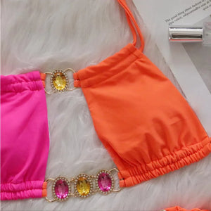 Pink Sexy Bikinis Swimsuit With Rhinestones Women Swimwear Female Push Up Bikini Beach Swim Wear Bathing Suits Pool Bather 2024