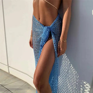 Sexy Wrap Skirt Binding Rope Beach Wear Sarong New Arrival Women Knitting Crochet Hollow Out Cover Up Solid Color Beach Dress