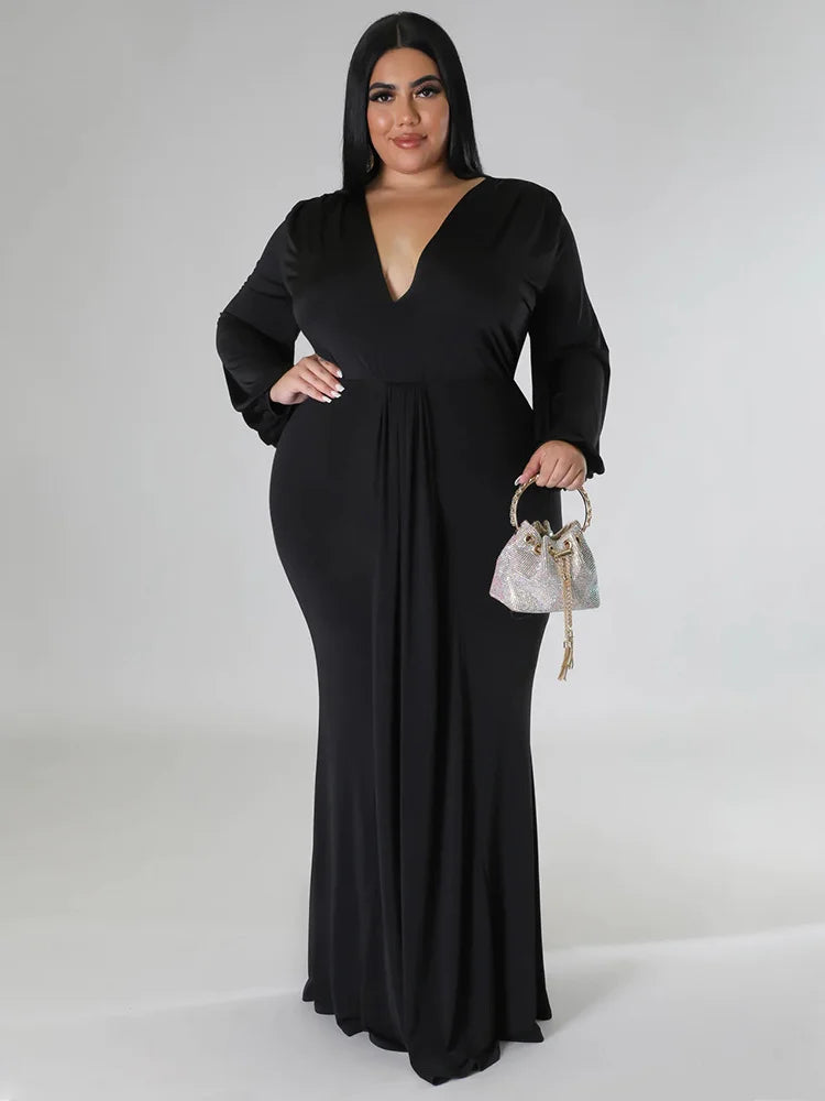 Wmstar Plus Size Party Dresses for Women Long Sleeve Stretch Sexy V Neck Elegant Maxi Dress Fall Clothes Wholesale Dropshipping