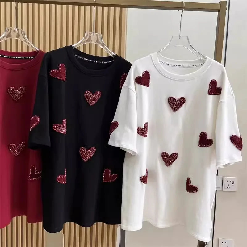 Plus Size 3D Love Towel Embroidery Women T-shirts 150kg XL-4XL Stamping Diamonds Female Tee 2024 Summer New Short Sleeve Top Y2k