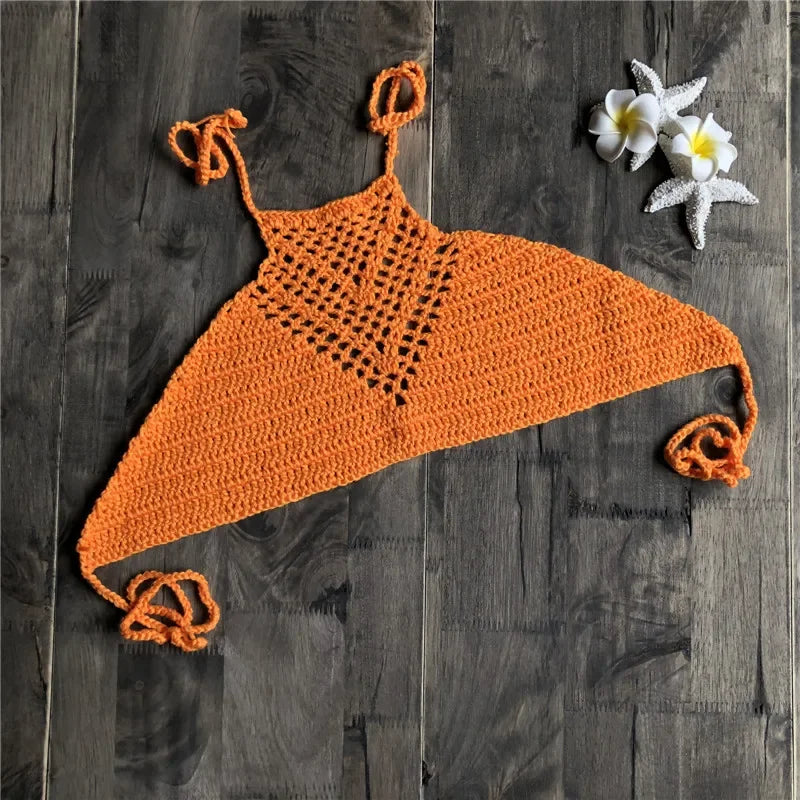 Hand Crochet Bikini Womens Sexy Beach Handmade Crochet Wrap Neck Bikini Bra Swimwear Swimwear Beachwear Womens Tops