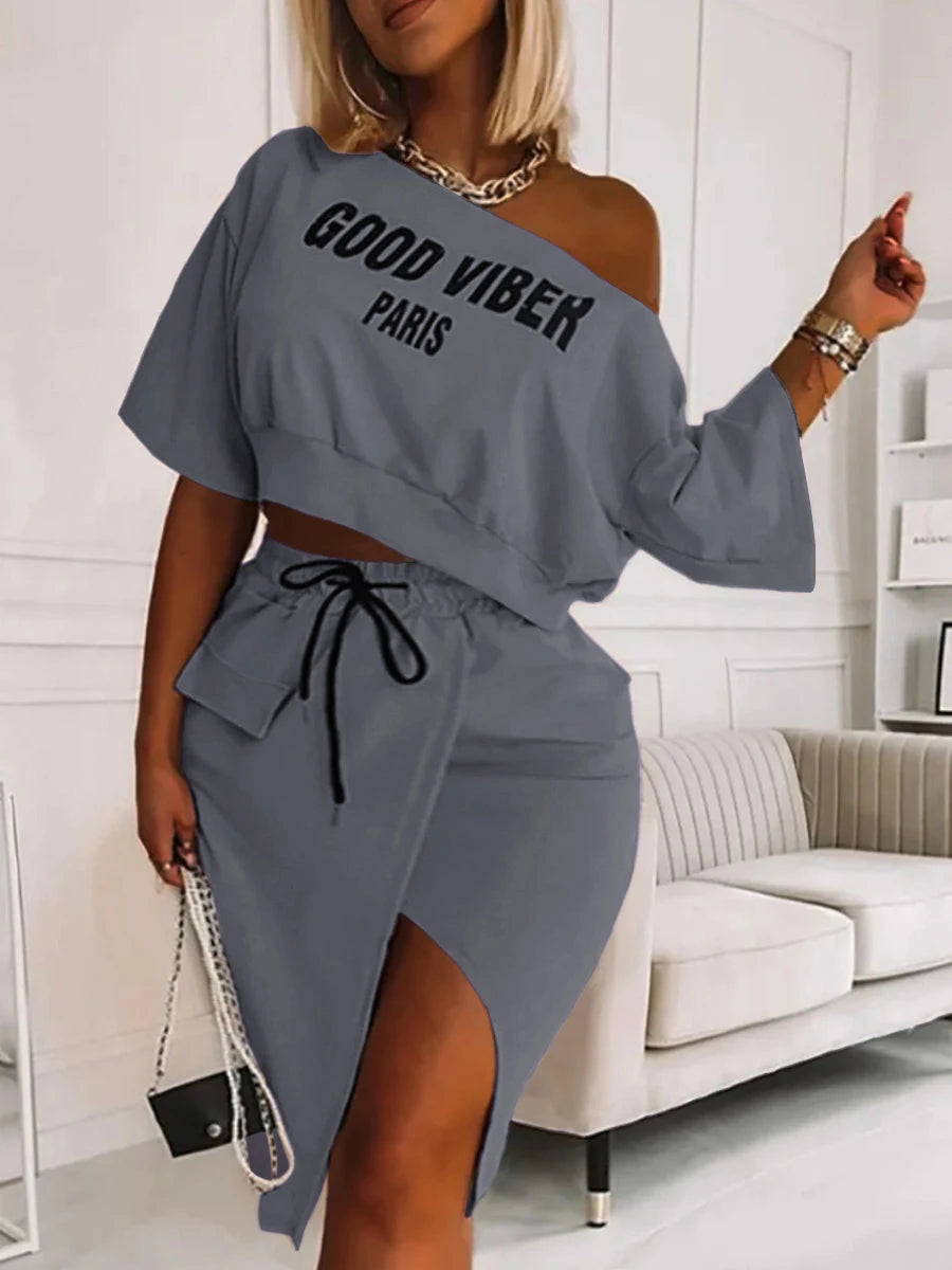 LW Plus Size Two Piece Good Viber One Shoulder Letter Print Set Crop Top+High Split Skirt Elegant Matching Outfits For Women