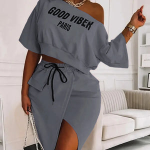 LW Plus Size Two Piece Good Viber One Shoulder Letter Print Set Crop Top+High Split Skirt Elegant Matching Outfits For Women