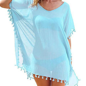 Summer Chiffon Tassels Beach Dress Women Swimwear Bikini Cover Up Female Mini Loose Solid Pareo Tops Swimsuit