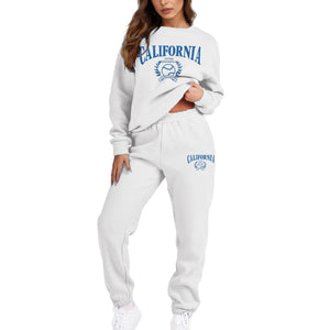 Women'S Two Piece Sweatsuit Long Sleeve Crew Neck Tracksuit Jogger Pants Set With Pockets Printed Loose Sports Sweatshirt