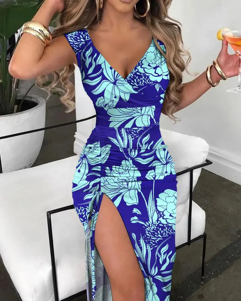 Summer Women Print Dress Fashion Casual Elegant V-neck Sleeveless Bodycon Beach Party Dresses Robe Femme 2024 New Vestidos