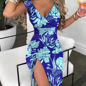 Summer Women Print Dress Fashion Casual Elegant V-neck Sleeveless Bodycon Beach Party Dresses Robe Femme 2024 New Vestidos