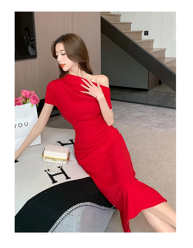 Elegant Off Shoulder Evening Party Dresses Women Summer Fashion Slim One Piece Solid Vestidos Korean Graduation Robe Clothing