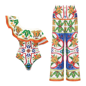 Retro Bikini Printed Fashion Two Piece Swimsuit And Cover Up With Pants Tight Women's Bandage Summer Beach Luxury Elegant