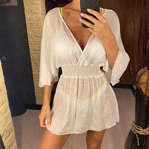 New Sexy V Neck Long Sleeve Backless Chiffon Tunic Beach Cover Up Beach Cover-ups Beach Dress Beach Wear Beachwear V3840