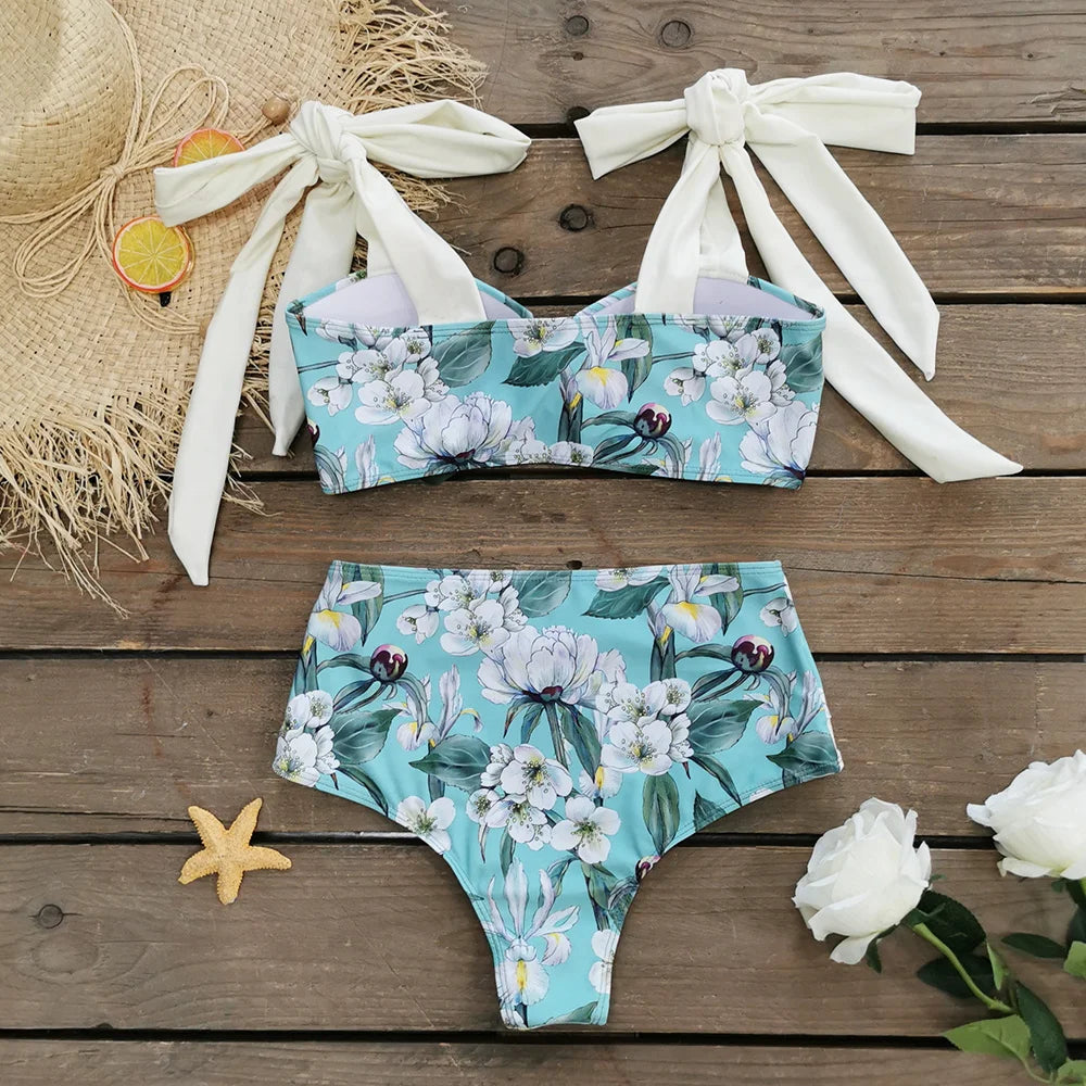 2023 New Arrival Push Up Women Bikini Set Floral Printed Ruffle Bikinis Strappy Bandage Swimwear Brazilian Biquini Bathing Suit