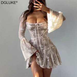 DGLUKE Elegant White Lace Mini Dress Women Flare Sleeve A-Line Short Summer Dresses 2024 Fashion Women's Evening Party Dresses