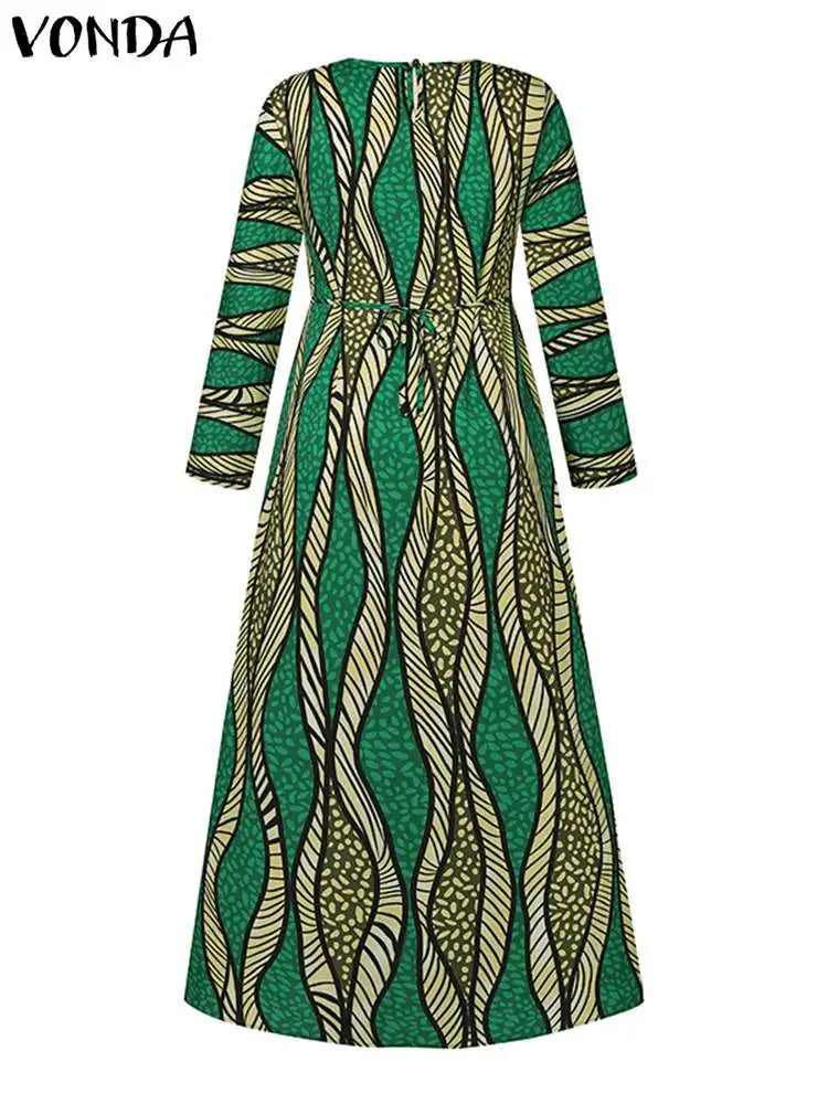 Plus Size 5XL VONDA Maxi Dress 2024 Oversized Women Bohemian Long Sleeve Vintage Printed Sundress Autumn Casual Loose Vestidos