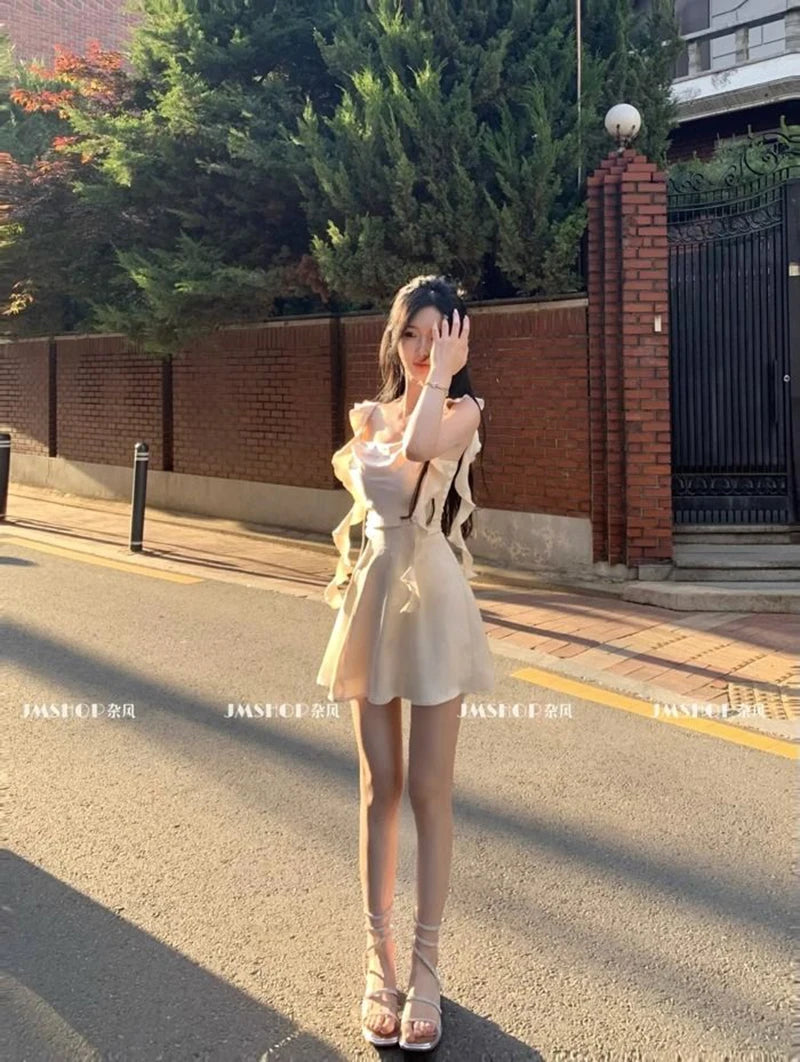 Elegant Satin Mini Dress Women Fairy Party Prom Spaghetti Strap One Pieces Dresses Summer Ladies Vintage Korean Bodycon Vestidos