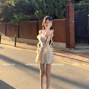 Elegant Satin Mini Dress Women Fairy Party Prom Spaghetti Strap One Pieces Dresses Summer Ladies Vintage Korean Bodycon Vestidos